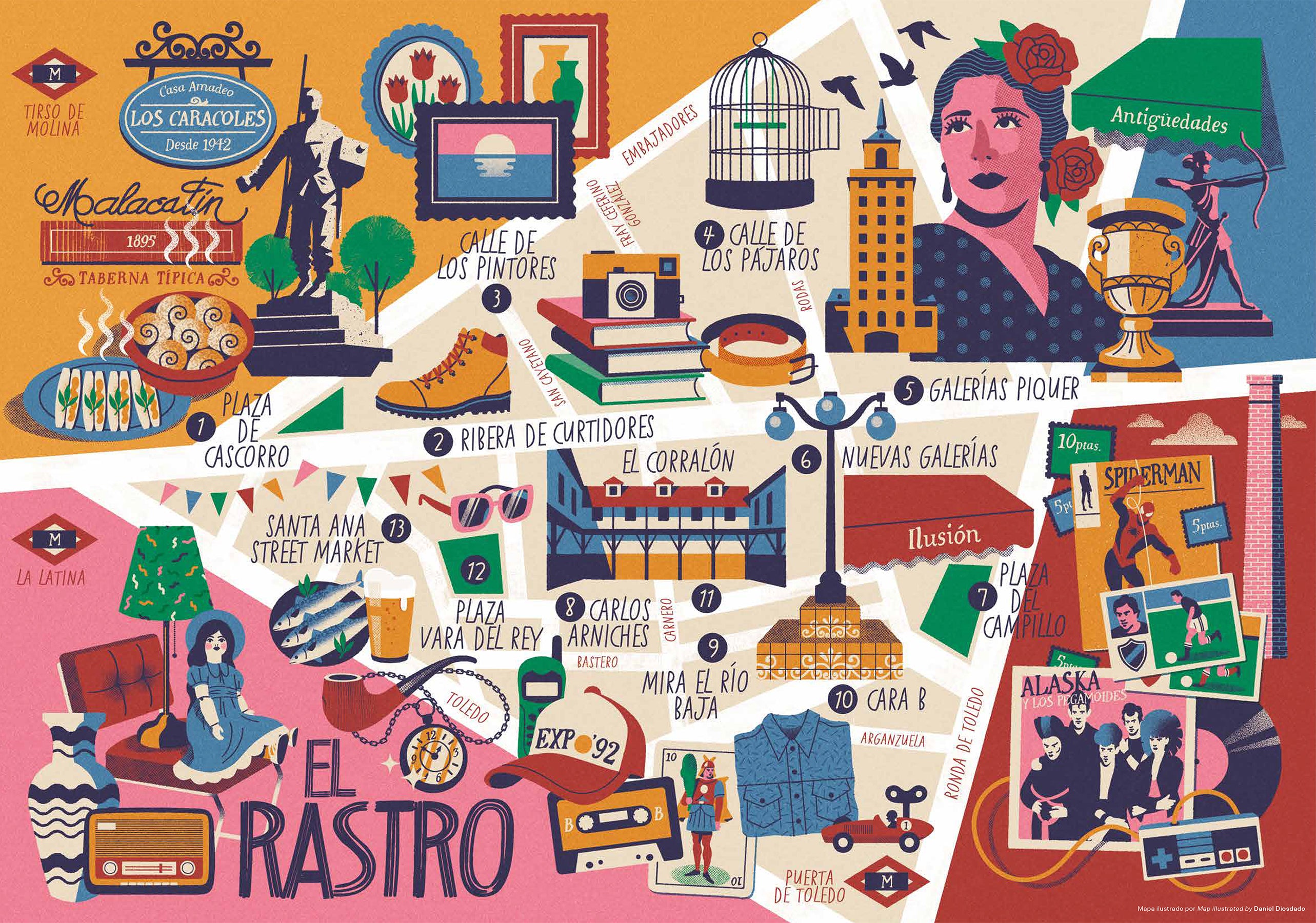 Mapa ilustrativo de el Rastro de Madrid
