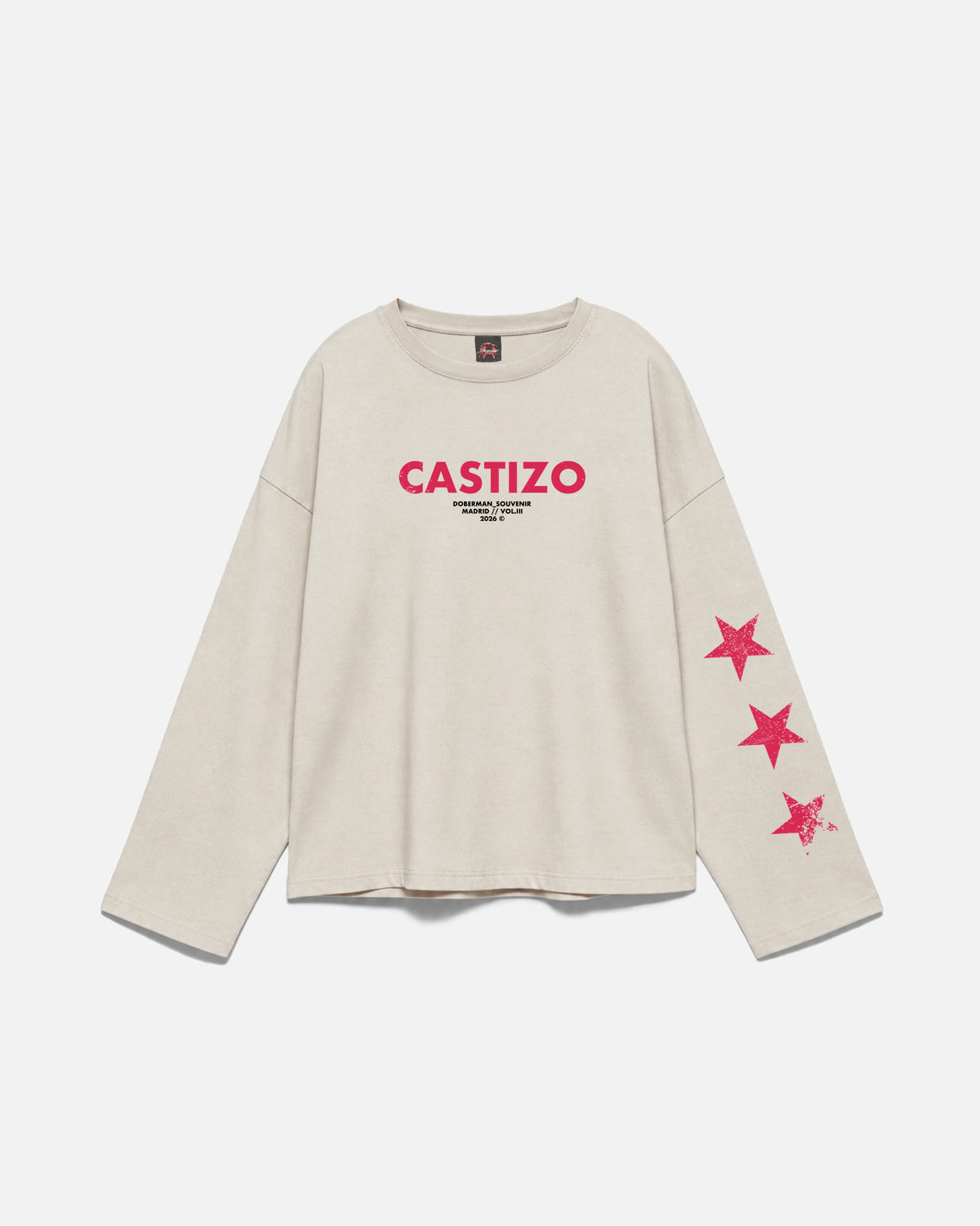 Castizo Long Sleeve blanco roto, vista delantera con lettering Castizo y estrellas en la manga